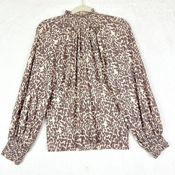 Nation LTD Melanie Smocked Peasant Tee Size Medium Antique Leopard Pima Cotton - Picture 2 of 7